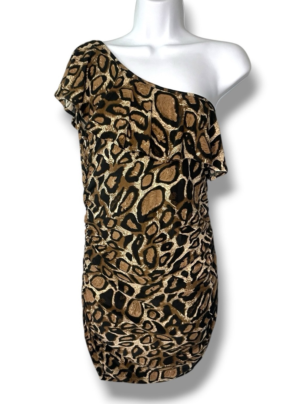 One-Shoulder Leopard Print Ruffle Dress in Brown - Picture 7 of 8